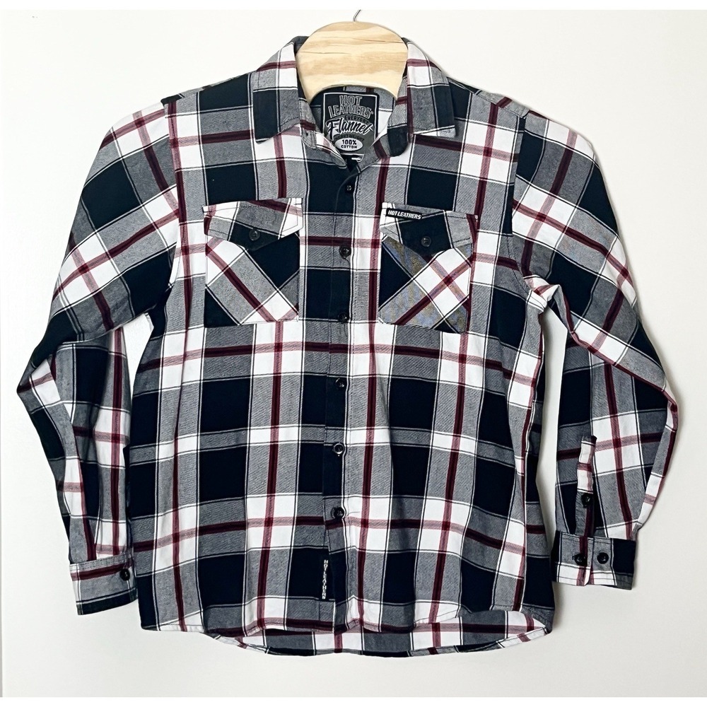 Hot Leathers Flannel Shirt‎ Men's Large White Black Plaid CabinCore Lumberjack